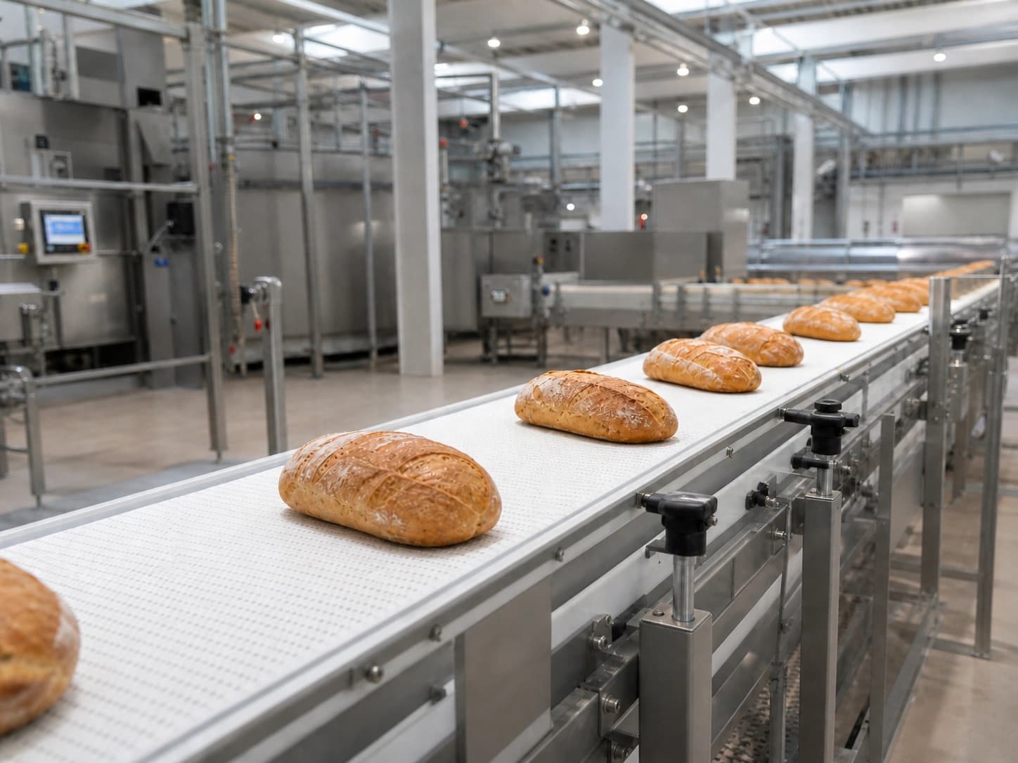 Transportband mit Backwaren in einer Lebensmittelproduktion.