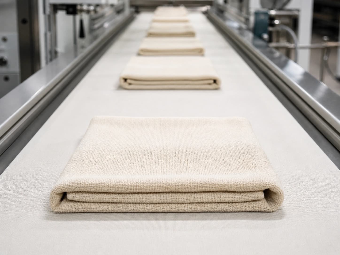 Transportband in einer Textil- und Konfektionierungs­anlage.